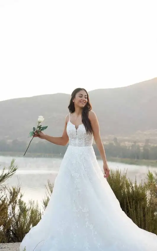 Romantic Floral Wedding Dress with Sheer Bodice and Full Skirt, 7398, by Stella York