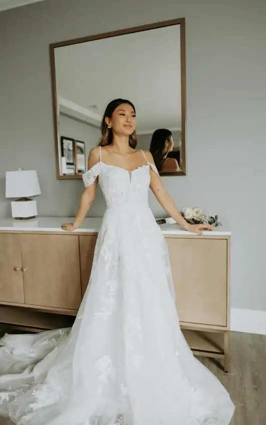 Elegant Lace A-Line Wedding Dress with Off-the-Shoulder Sleeves, 7447, by Stella York