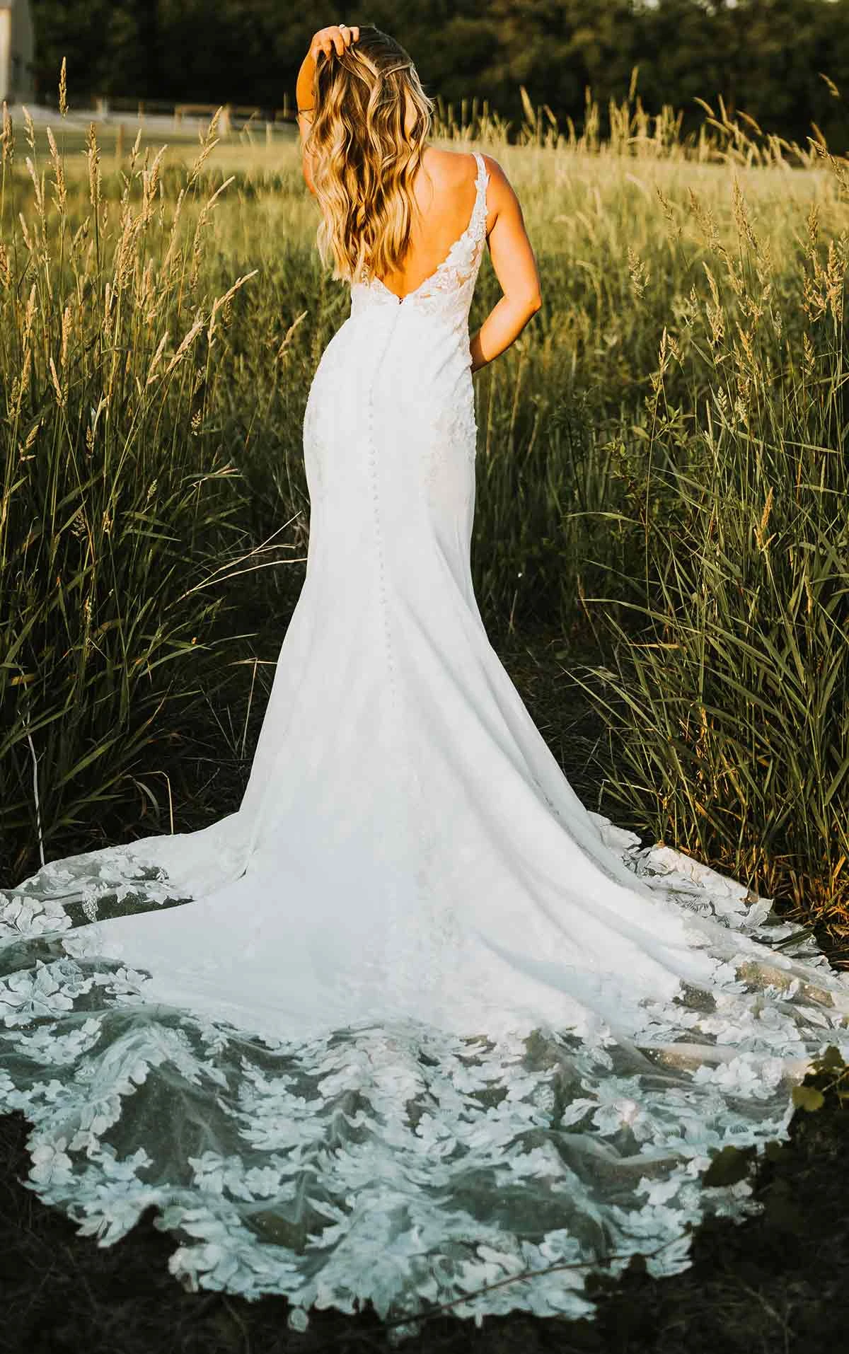 7457 Sheath Wedding Dress with Lace Bodice and Full Train  by Stella York