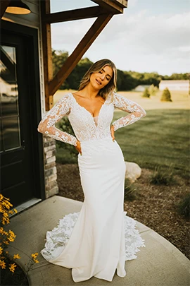 lace column wedding dress with v-neckline and long sleeves - 7478 by Stella York