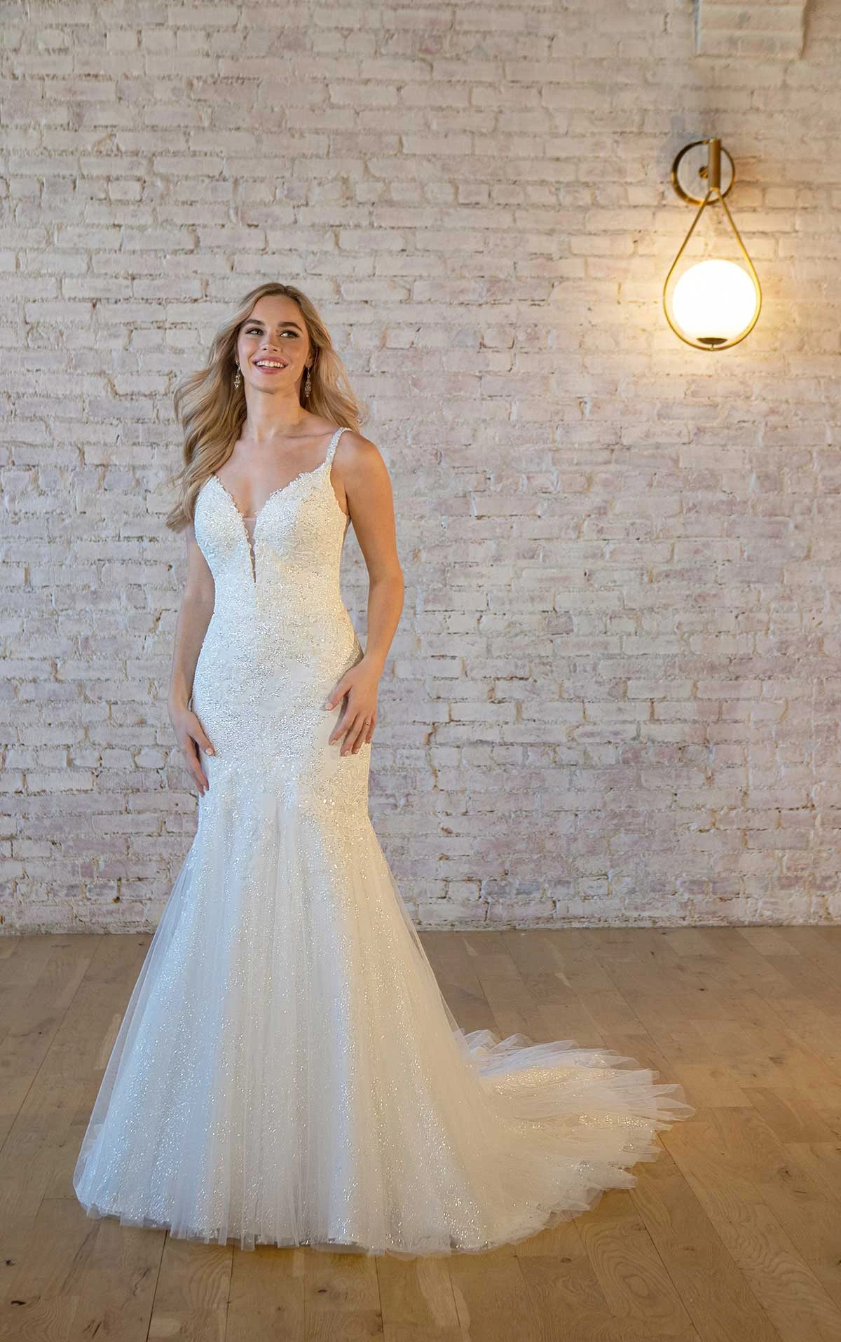 7479 Sparkly Lace Fit-and-Flare Wedding Dress with Plunging V-Neckline  by Stella York