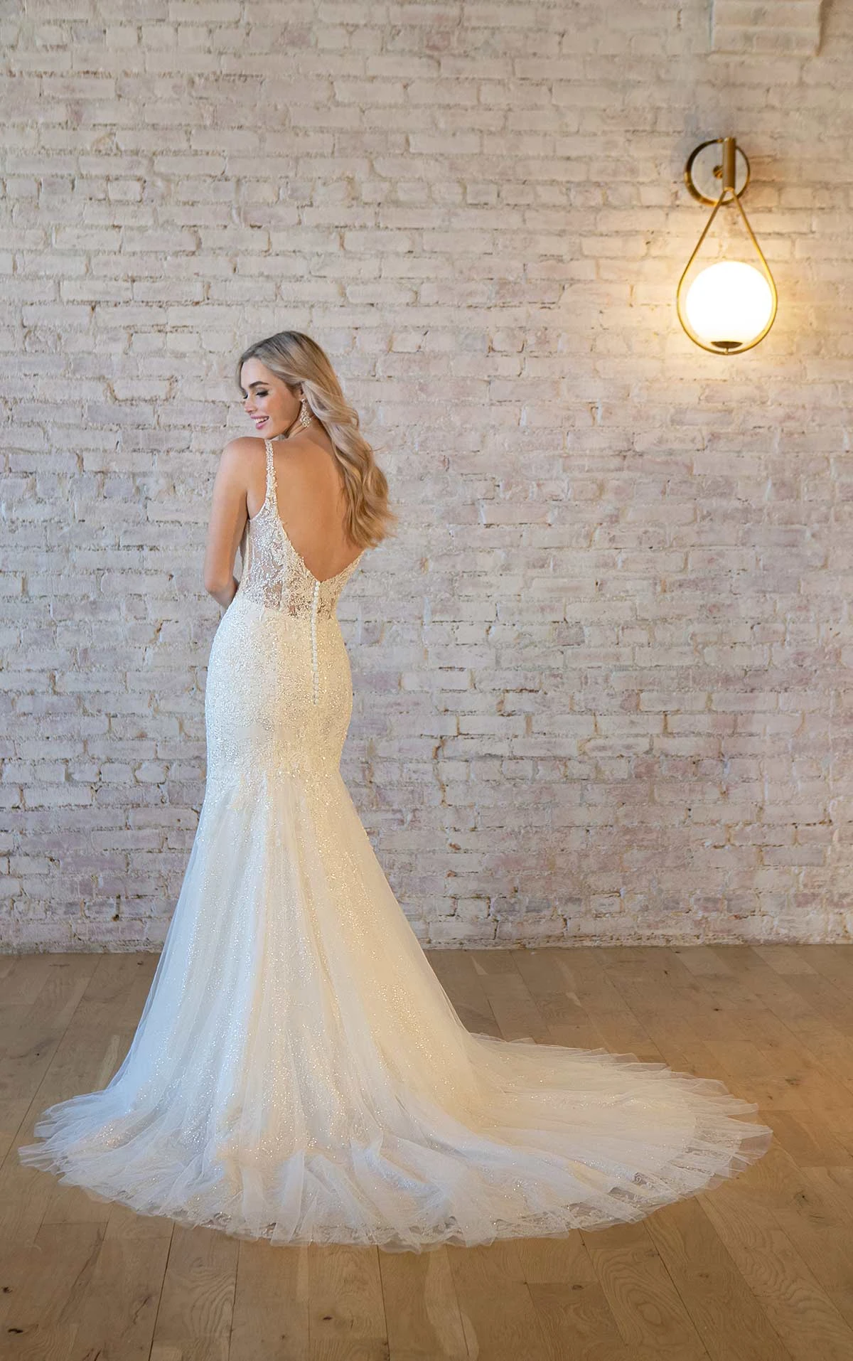 7479 Sparkly Lace Fit-and-Flare Wedding Dress with Plunging V-Neckline  by Stella York