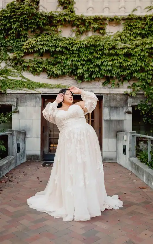 Boho Plus Size Wedding Dress with Off-the-Shoulder Sleeves, 7521+, by Stella York