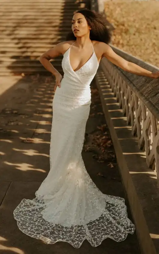 Simple Lace Column Wedding Dress with Spaghetti Straps and V-Neckline, 7553, by Stella York
