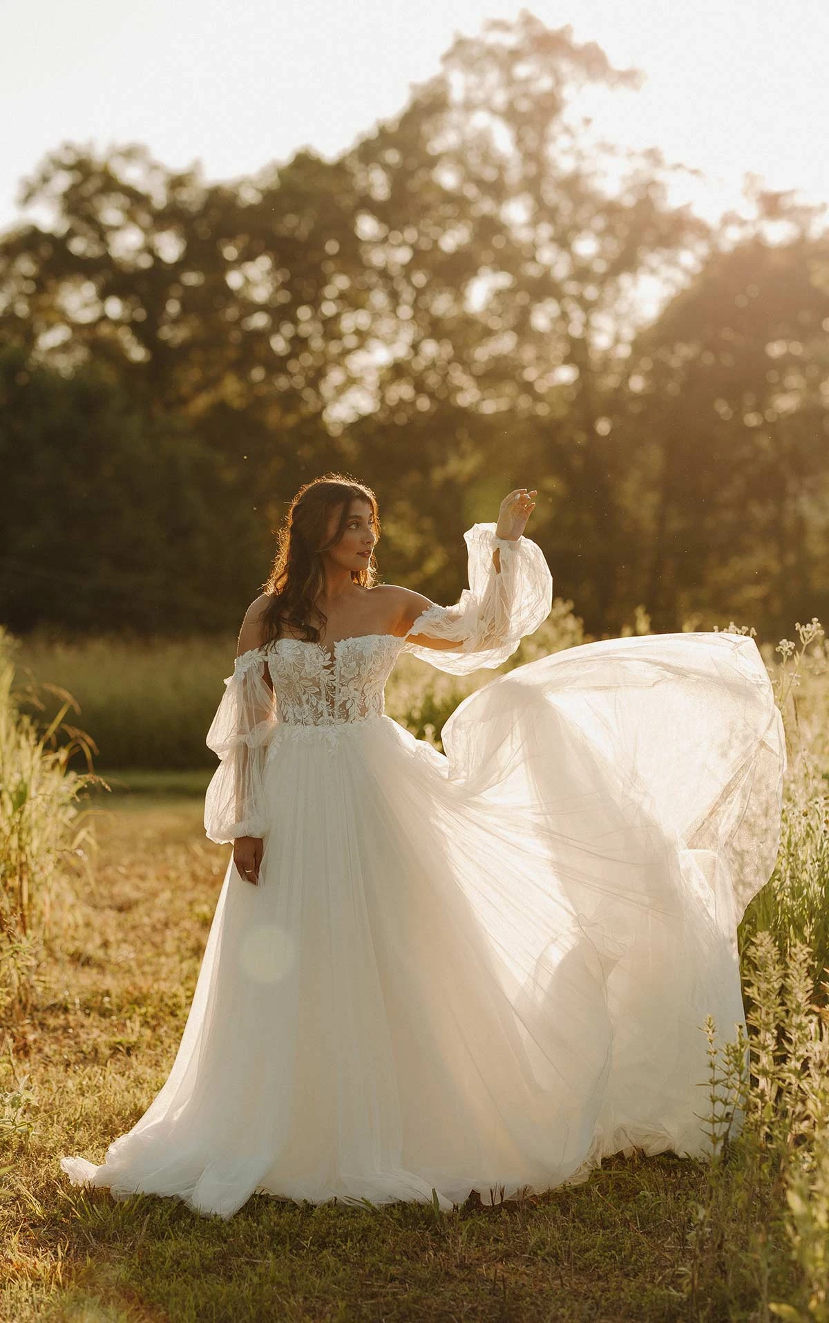 7573 Boho A-Line Wedding Dress with Lace and Tulle Off-the-Shoulder Sleeves  by Stella York