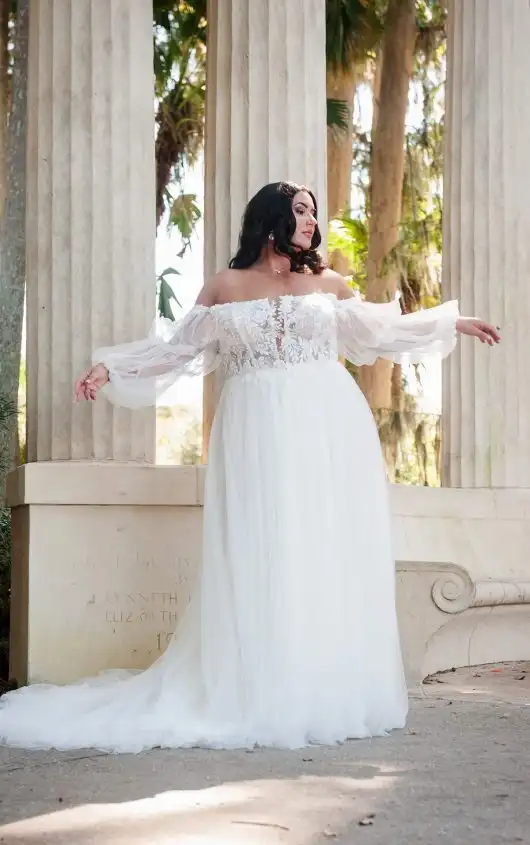 Boho Plus Size Wedding Dress with Lace and Tulle Off-the-Shoulder Sleeves, 7573+, by Stella York
