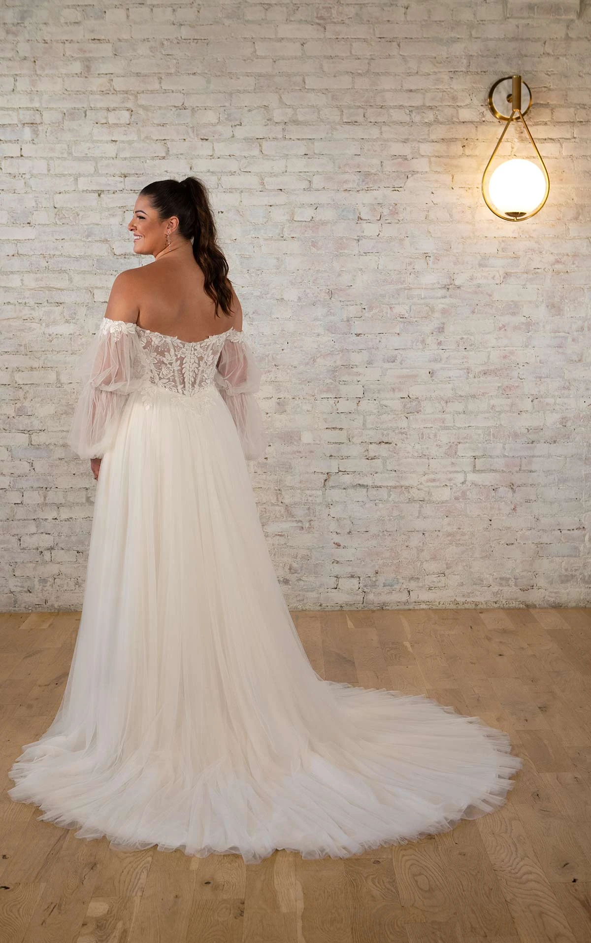 7573+ Boho Plus Size Wedding Dress with Lace and Tulle Off-the-Shoulder Sleeves  by Stella York