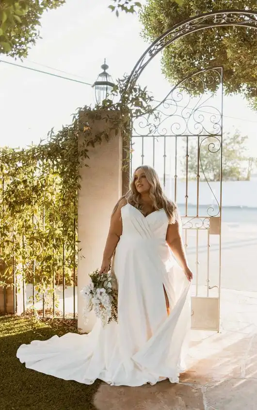 Simple A-Line Plus Size Wedding Dress with Sexy Side Slit, 7585+, by Stella York