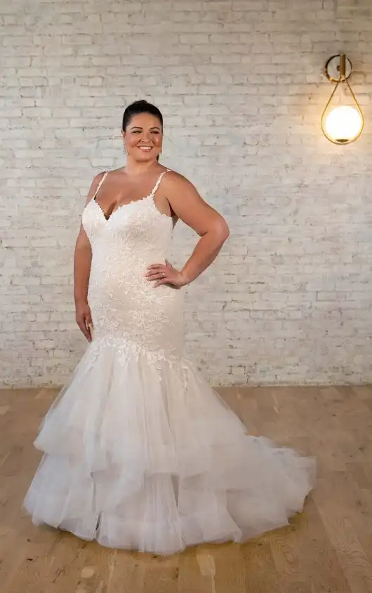 Sparkly Fit-and-Flare Plus Size Wedding Dress with Spaghetti Straps, 7589+, by Stella York
