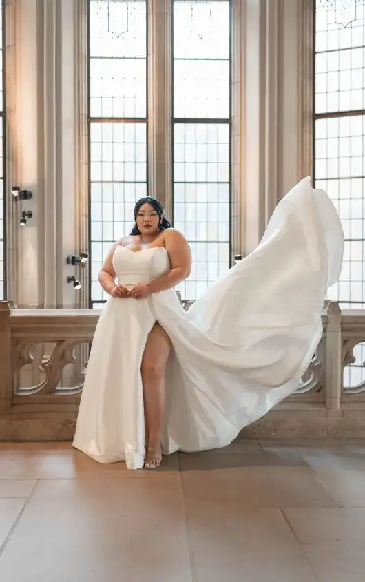 Sleek A-Line Plus Size Wedding Dress with Bow Detail, 7601+, by Stella York