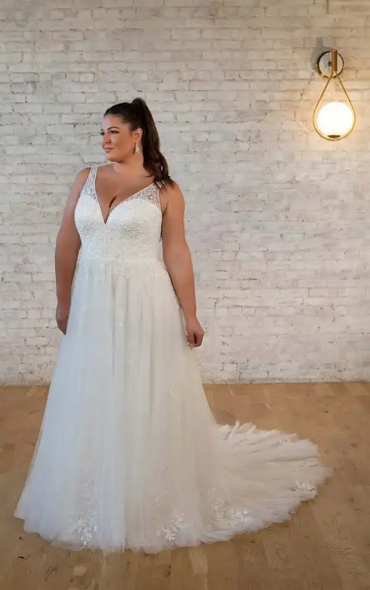 Ethereal Lace Plus Size A-Line Wedding Dress with Plunging Neckline, 7616+, by Stella York