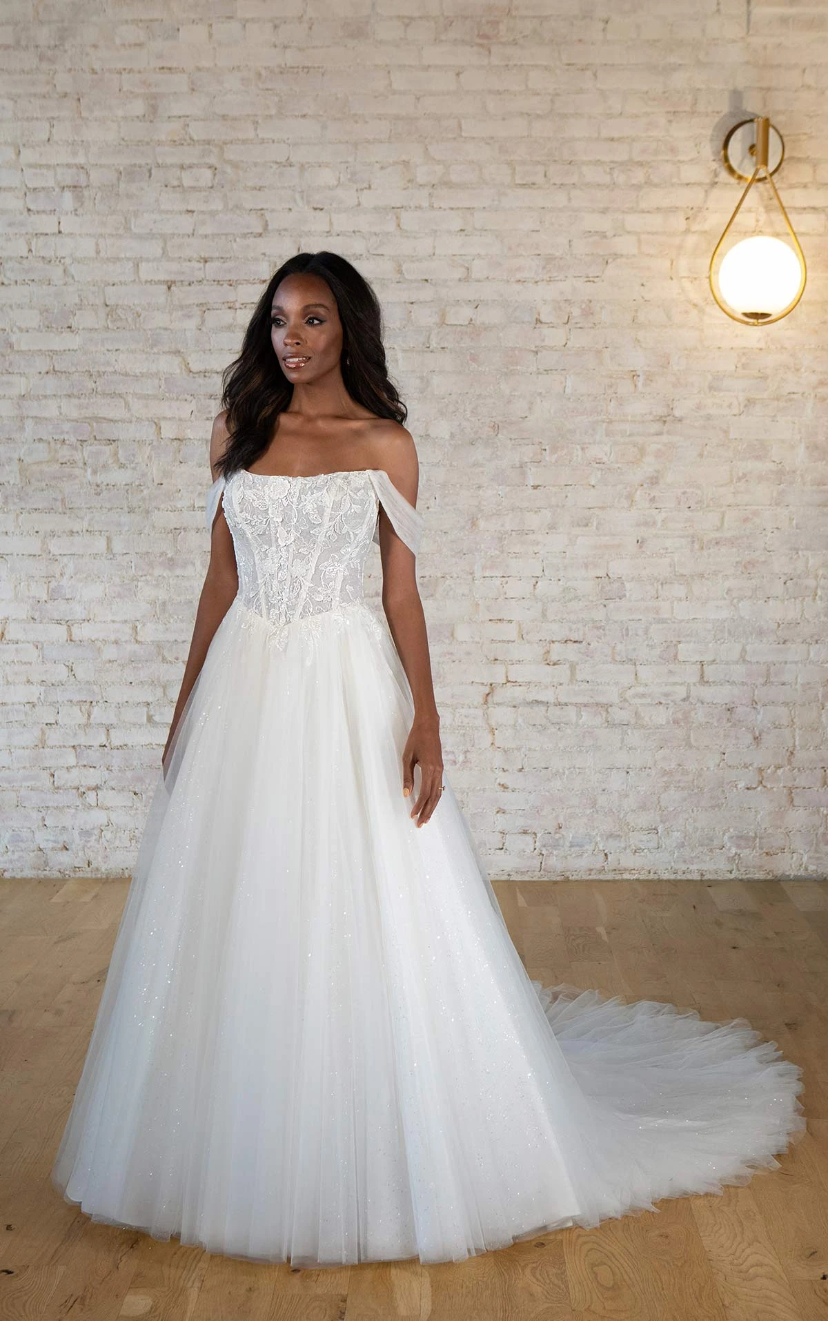 7646 Sparkling Lace Ballgown with Off-the-Shoulder Straps  by Stella York