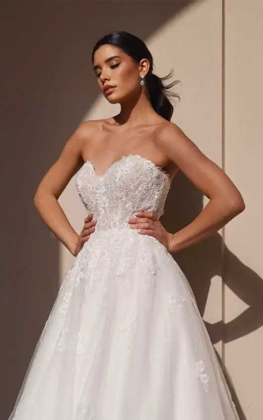 Strapless Floral A-Line Wedding Dress with Romantic Tulle Skirt, 7673, by Stella York