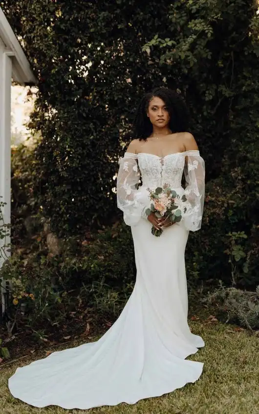 Modern Boho Long Sleeve Wedding Dress with Plunging Neckline, 7675, by Stella York