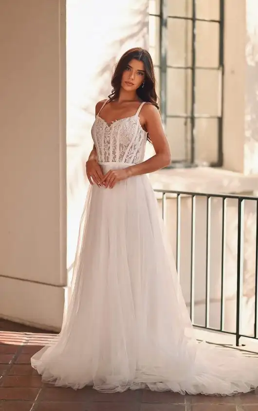 Simple Lace and Tulle A-Line Wedding Dress with Spaghetti Straps, 7722, by Stella York