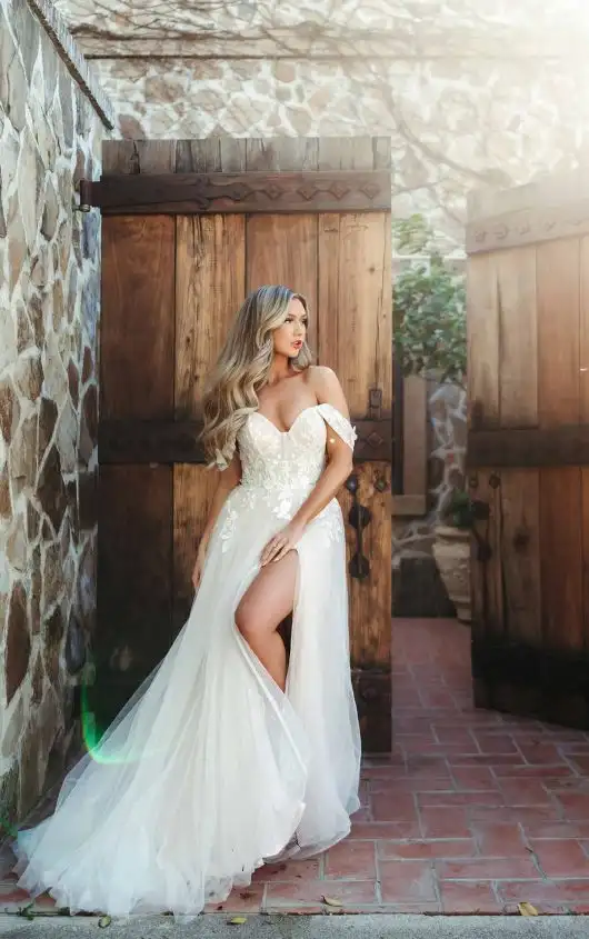 Enchanting Off-the-Shoulder A-Line Wedding Dress in Lace and Tulle, 7740, by Stella York