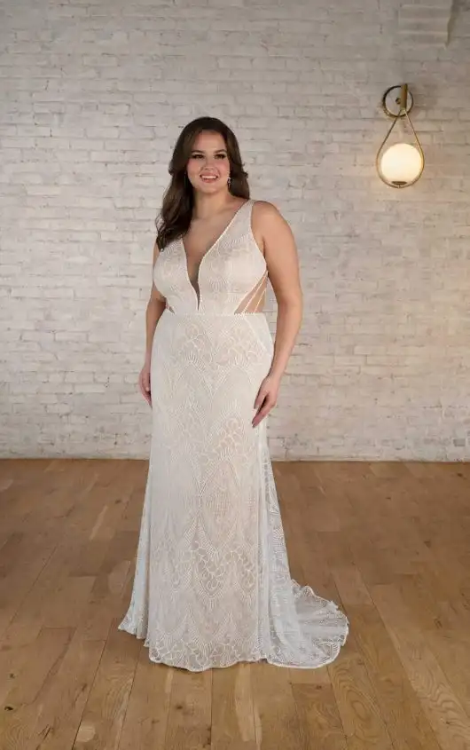 Boho Chic Plus Size Sheath Wedding Dress with Plunging Neckline and Side Cutouts, 7752+, by Stella York