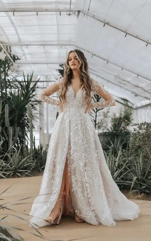 Floral Lace Boho A-Line Wedding Dress with Long Sleeves, ASTRA, by All Who Wander