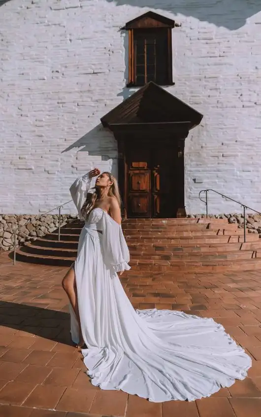 Boho Goddess Chiffon A-Line Wedding Dress with Detachable Long Sleeves, CAMRYN, by All Who Wander