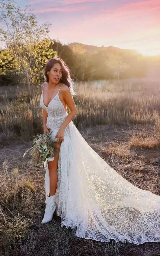 Edgy Lace Boho A-Line Wedding Dress with Plunging Neckline and Spaghetti Straps, CEDAR, by All Who Wander
