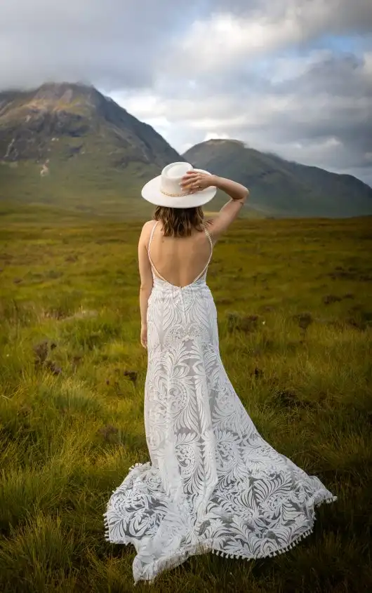 Graphic Lace Fit-and-Flare Column Wedding Dress with Plunging Neckline, CLIO, by All Who Wander