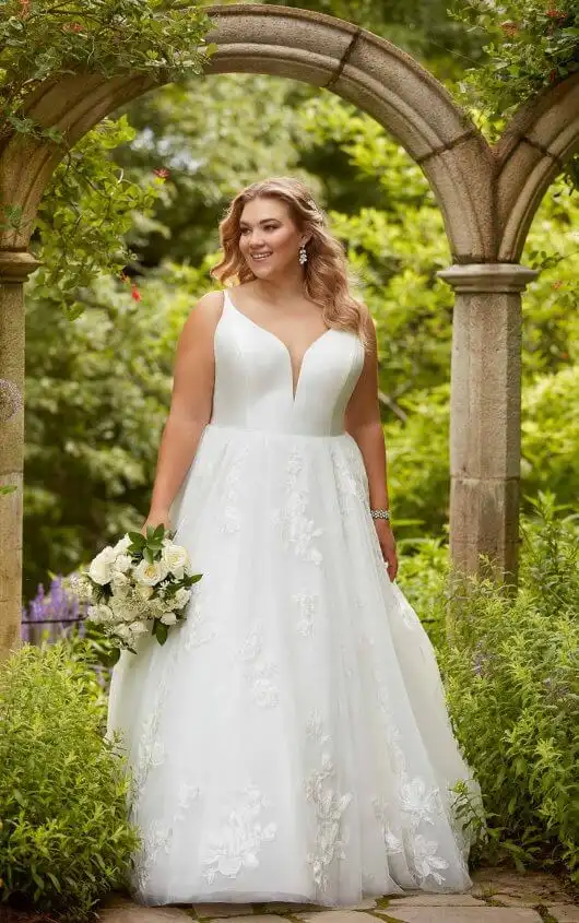 V-Neck Plus Size Ballgown Wedding Dress with Floral Tulle, D2810+, by Essense of Australia