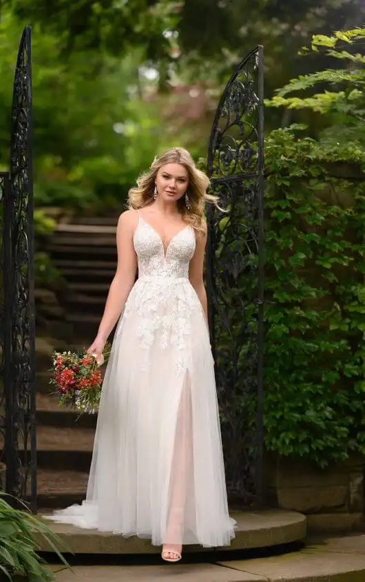 Sheer Wedding Gown with Side Split, D2840, by Essense of Australia