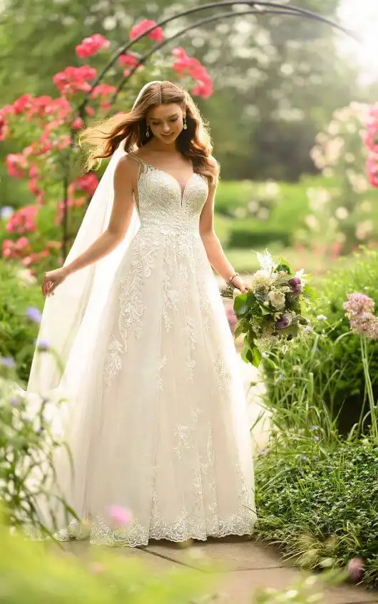 Classic Lace A-Line Wedding Gown, D2905, by Essense of Australia