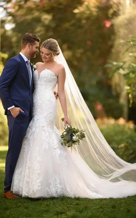 Floral Fit-and-Flare Wedding Gown with Strapless Bodice, D3044, by Essense of Australia