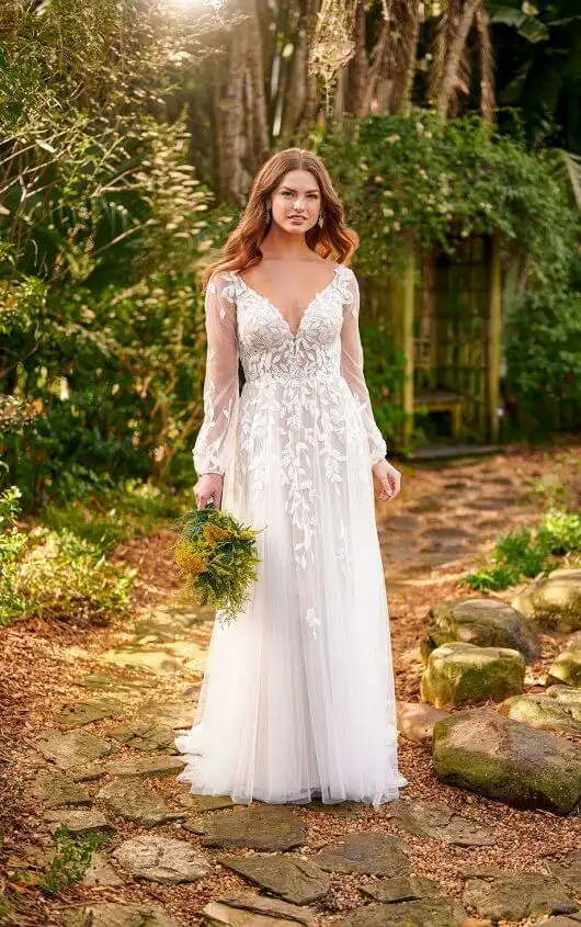 Sheer Boho-Style Wedding Dress with Bell Sleeves, D3145, by Essense of Australia