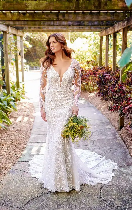 Graphic Lace Wedding Dress With Illusion Sleeves, D3150, by Essense of Australia