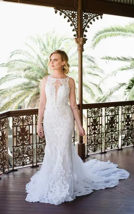 High-Neck Lace Wedding Dress with Sheer Details, D3153, by Essense of Australia