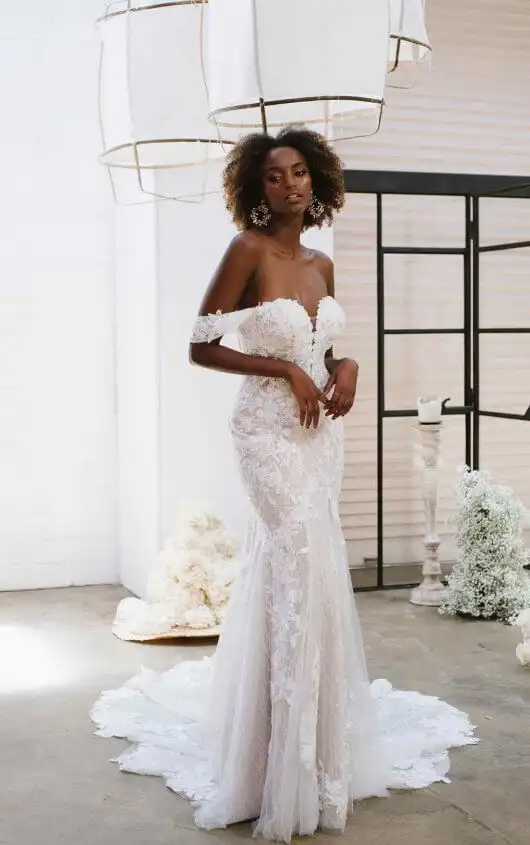 Off-the-Shoulder Floral Lace Wedding Dress with Sweetheart Neckline, D3253, by Essense of Australia