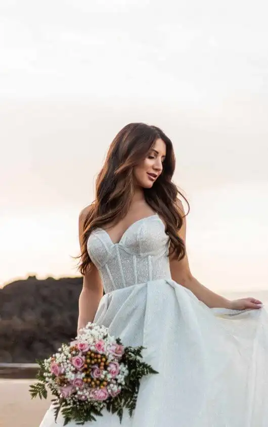 Glitter Wedding Dress with Sheer Corset Bodice, D3345, by Essense of Australia