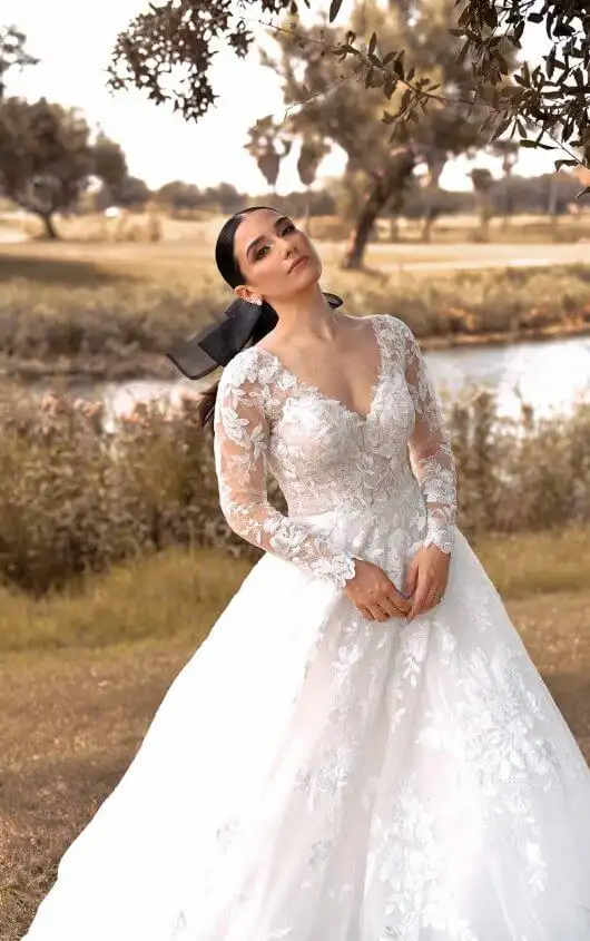 Romantic Lace V-Neckline Wedding Dress with Optional Long Sleeves, D3358, by Essense of Australia