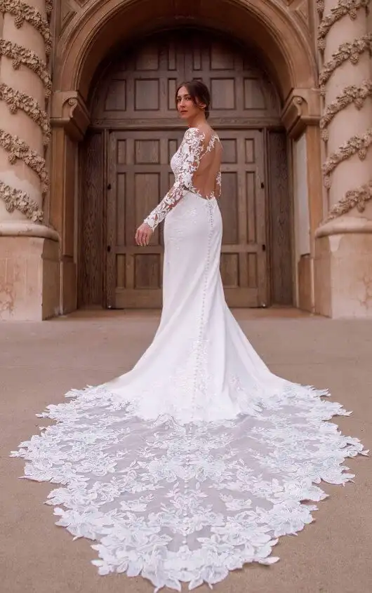 Sexy Brautkleid aus Spitze mit transparentem Oberteil und langen Ärmeln, D3379, by Essense of Australia