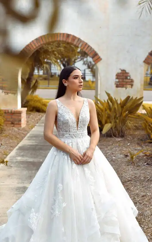 Floral Lace Ballgown Wedding Dress with Plunging V-Neckline, D3384, by Essense of Australia