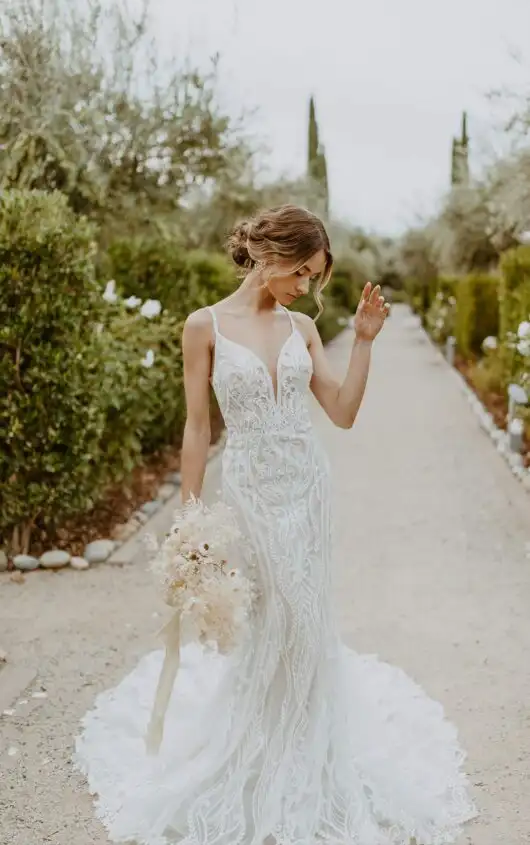 Glamorous Lace Fit-and-Flare Wedding Gown with Plunging Neckline, D3488, by Essense of Australia
