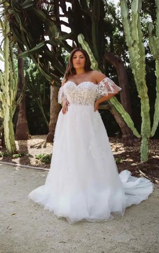 Romantic Plus Size A-Line Wedding Dress with Sweetheart Neckline and Off-the-Shoulder Sleeves, D3529+, by Essense of Australia