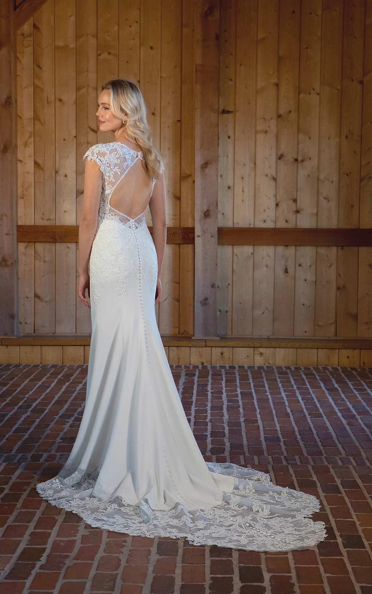 d3530 Stunning Column Wedding Dress with Plunging V-Neckline and Cap Sleeves  by Essense of Australia