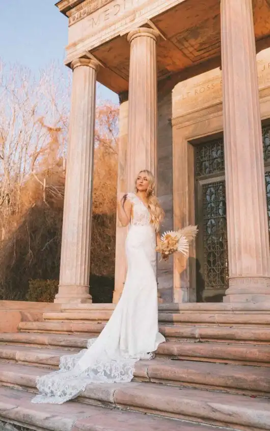 Stunning Column Wedding Dress with Plunging V-Neckline and Cap Sleeves, D3530, by Essense of Australia
