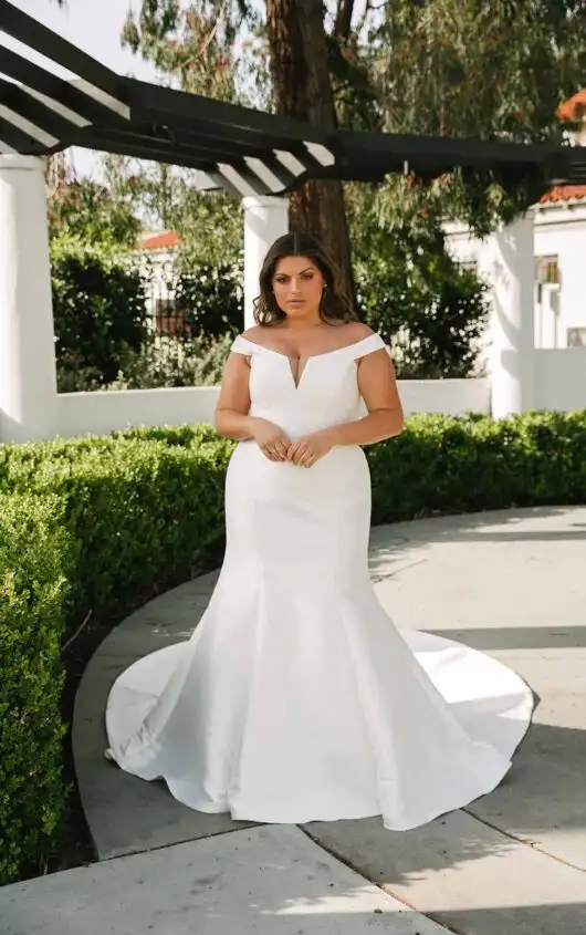Modern Plus Size Silk Off-the-Shoulder Fit-and-Flare Wedding Dress, D3582+, by Essense of Australia