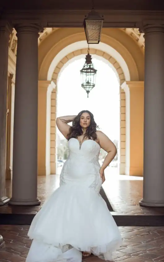 Sexy Plus Size Fit-and-Flare Wedding Dress with Plunging Neckline, D3600+, by Essense of Australia