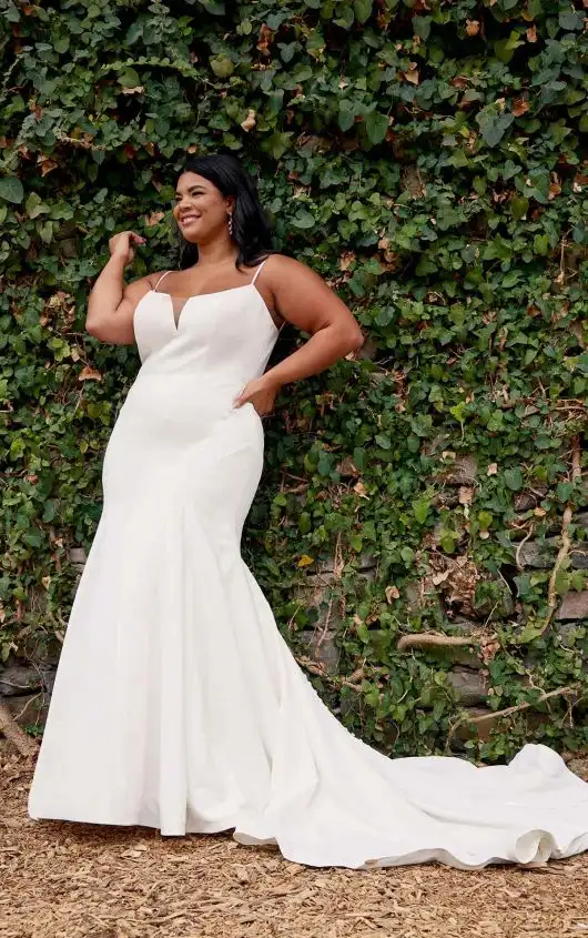 Satin Plus Size Fit-and-Flare Wedding Dress with Spaghetti Straps, D3615+, by Essense of Australia