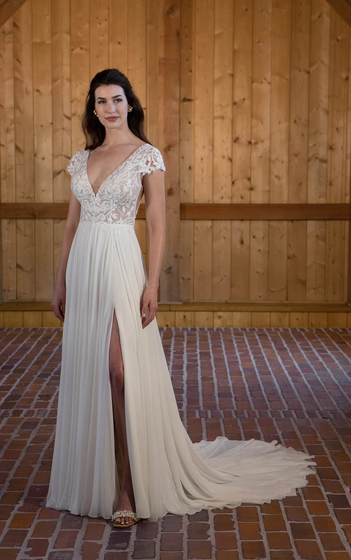 d3621 Lace Cap Sleeve Wedding Dress with Plunging V-Neckline  by Essense of Australia