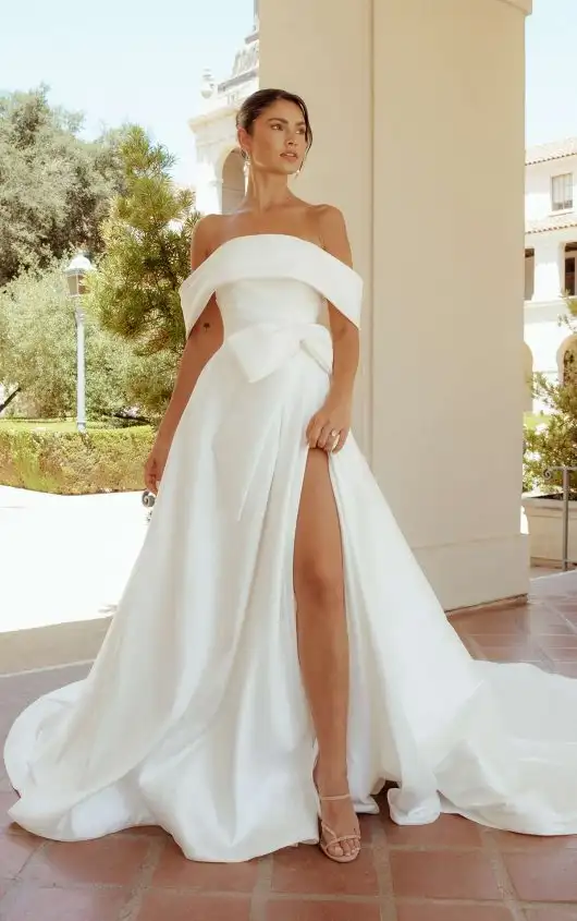 Chic Off-the-Shoulder A-Line Wedding Dress with Detachable Bow, D3631, by Essense of Australia