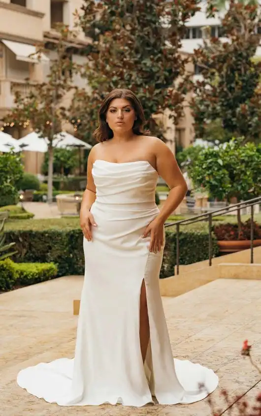 Simple Plus Size Strapless Column Wedding Dress with Side Slit, D3634+, by Essense of Australia
