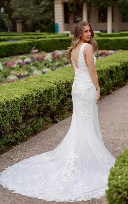 Modern Lace Fit-and-Flare Wedding Dress with Shoulder Straps, D3637, by Essense of Australia