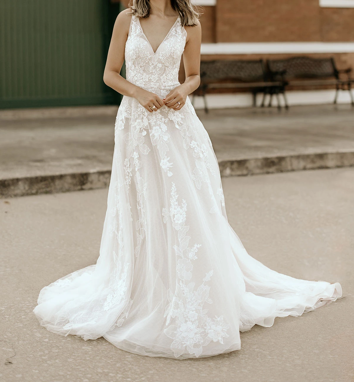 d3654 Simple Lace A-Line Wedding Dress with Shoulder Straps  by Essense of Australia