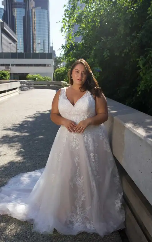 Simple Lace Plus Size A-Line Wedding Dress with Shoulder Straps, D3654+, by Essense of Australia